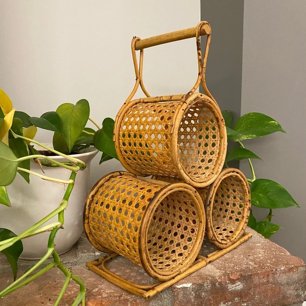 Go rage rattan wicker bamboo wine holder rack with handle holds 3 wine bottles - Picture 3 of 4